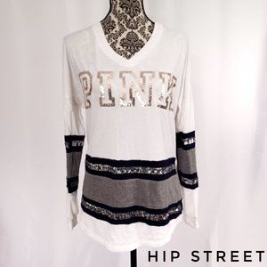 VICTORIA'S SECRET PINK TEE LS Gold and Silver Sequin Color Band Oversize XS